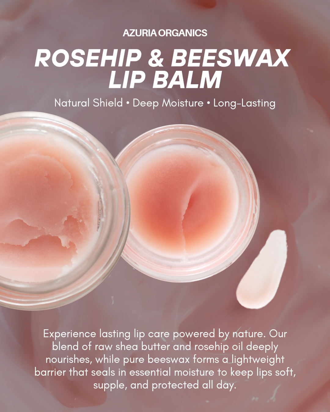 A jar of Azuria Organics Rosehip and Beeswax Lipbalm displayed on a pink and white background.
